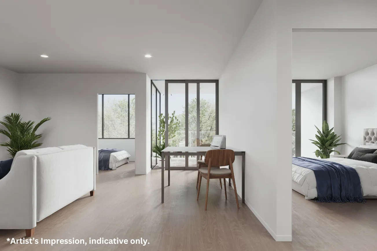 Render of a bedroom and living room