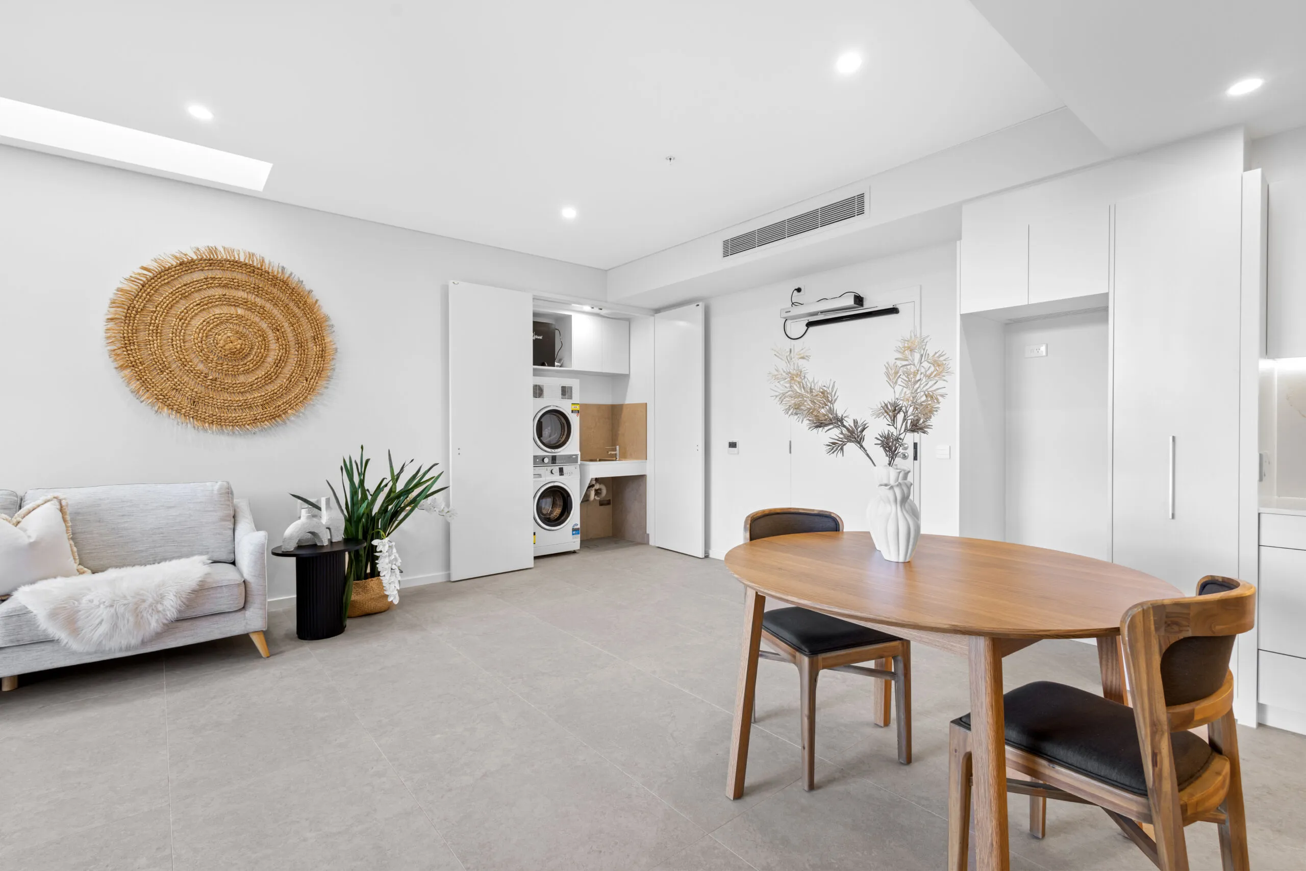 A loungeroom with a couch and table