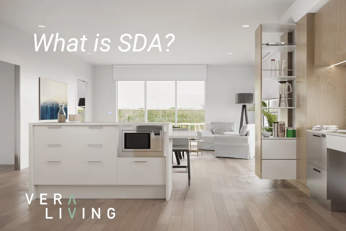 A kitchen and loungeroom photo the the words 'What is SDA?' overlaid